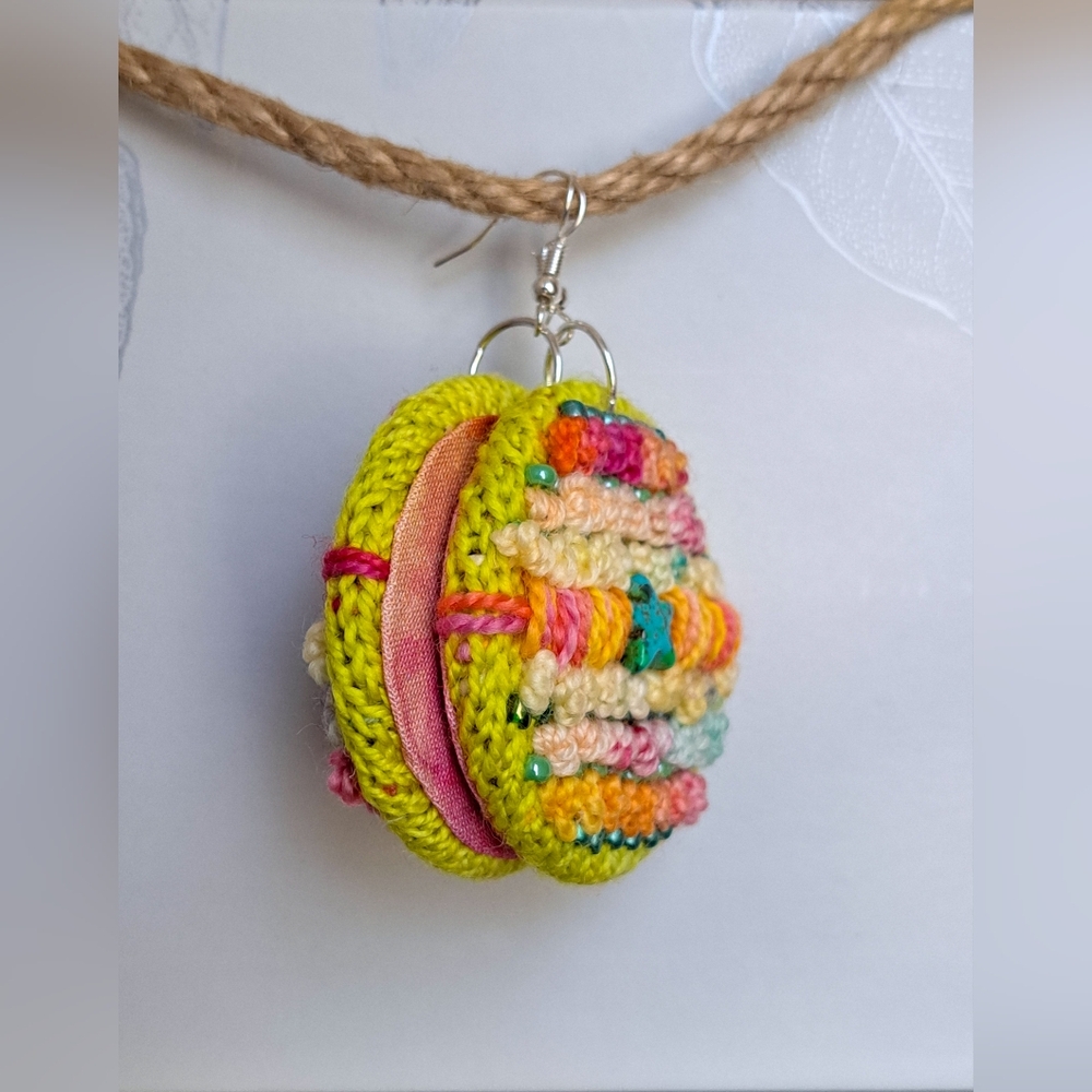 Hand Crafted Multicolor Crochet Round Earrings with Teal Star Accent - Picture 3 of 16
